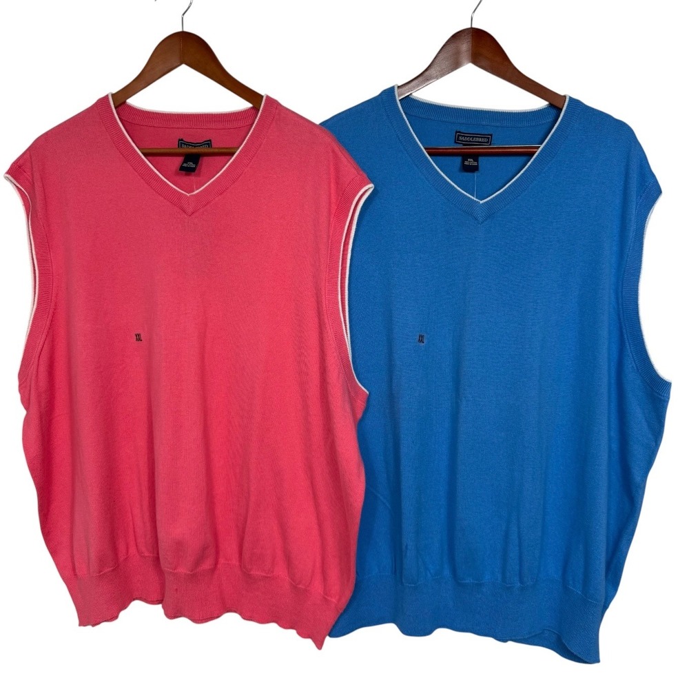 Saddlebred Mens 2PK Sweater Vest XXL Pink Blue V-Neck Cotton Blend New NWT